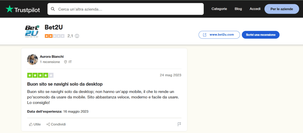 bet2u trustpilot recensione