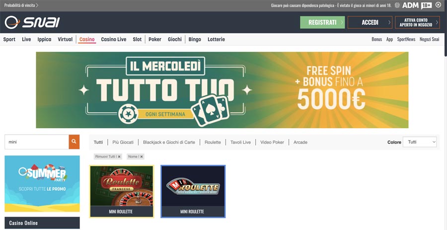 screenshot del snai casino mini roulette