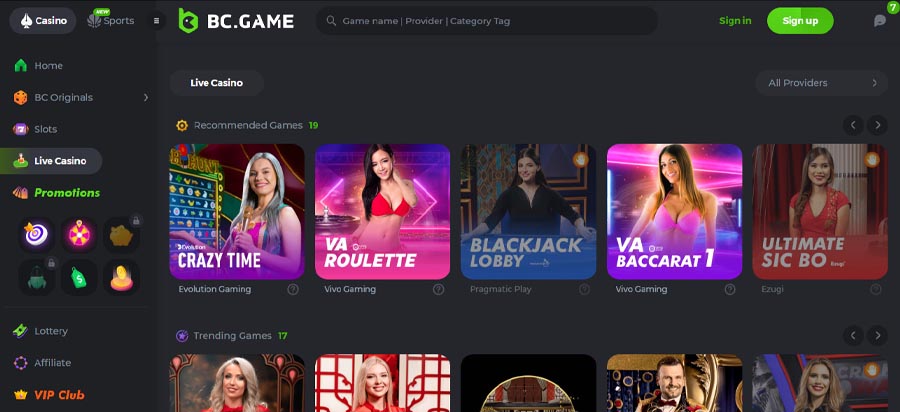 screenshot della live casino bc game casino