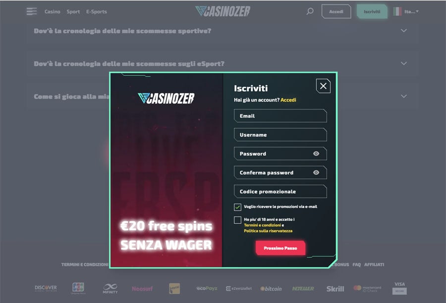 screenshot registrazione casinozer registrazione casinozer