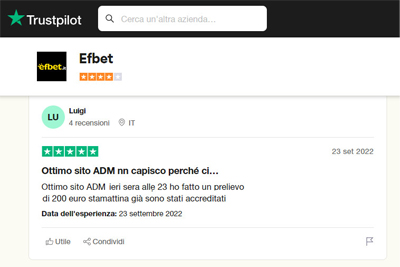 screenshot recensione efbet