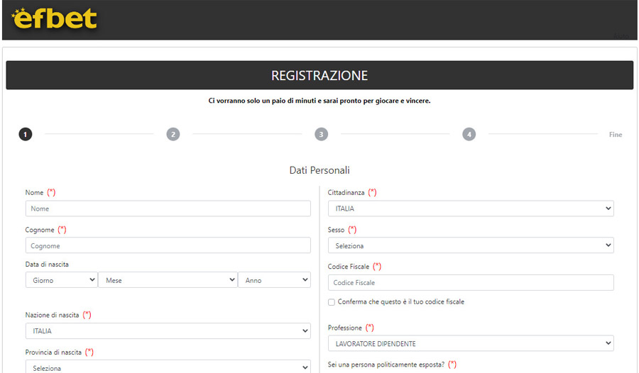 screenshot registrazione efbet