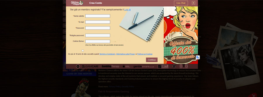 screenshot registrazione madame chance