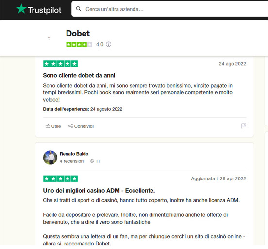 screenshot trustpilot recensione dobet casino