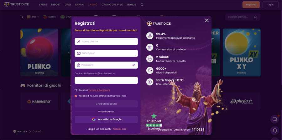 screenshot registrati trustdice registrati trustdice