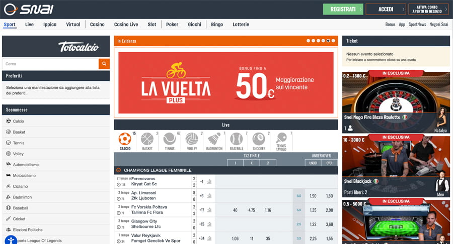 screenshot snai scommesse sportive