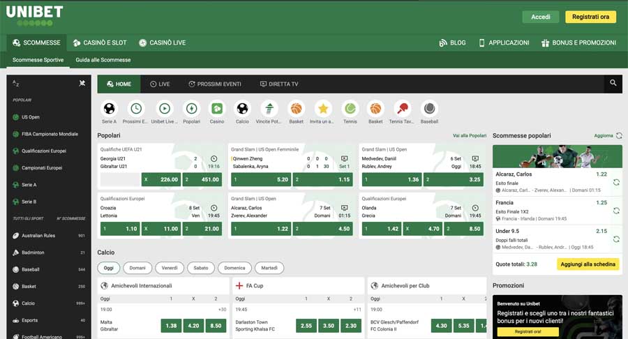 screenshot unibet scommesse sportive