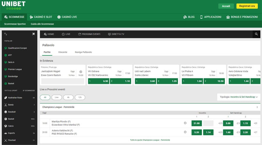 screenshot pallavolo unibet
