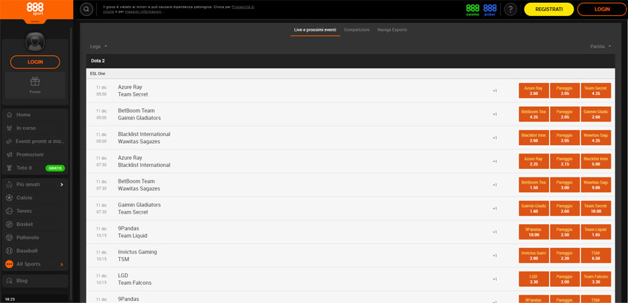 screenshot 888sport scommesse esports