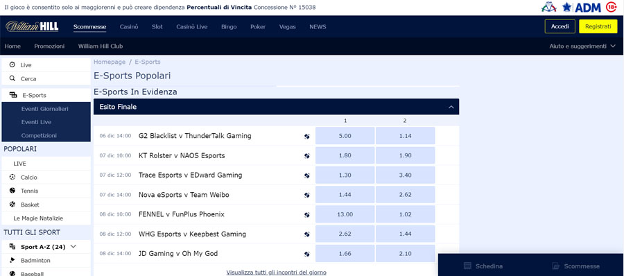 screenshot william hill scommesse esports