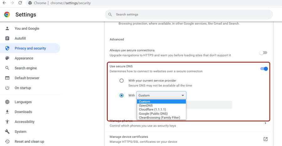 dns privato su chrome